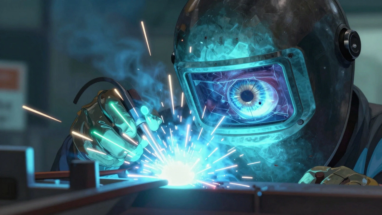 Разрушенный сварочный шлем, невидимое УФ-излучение повреждает глаза, видны волны радиации.