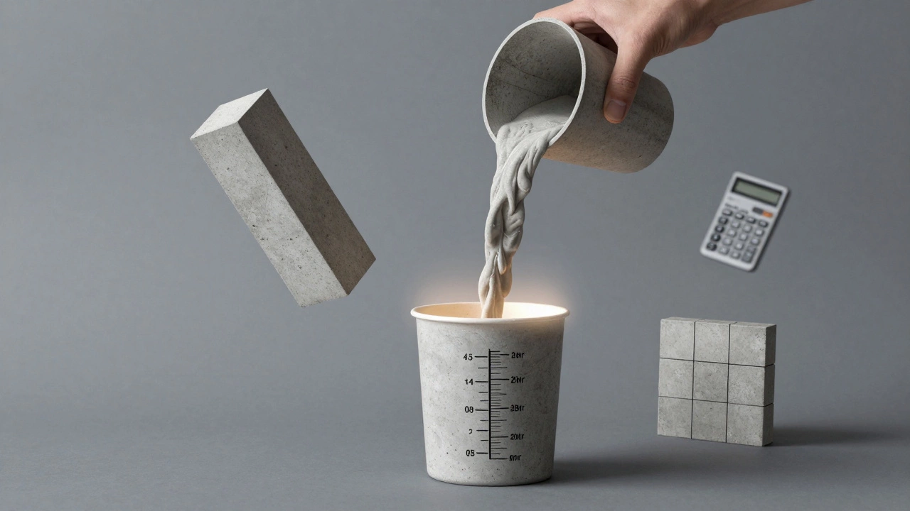 Рука льёт бетон в мерный контейнер, вокруг — геометрические формы, символизирующие расчёт объёма.