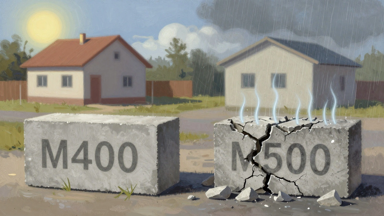 Сравнение прочности бетона: блок М400 целый, а М500 треснул под дождем.