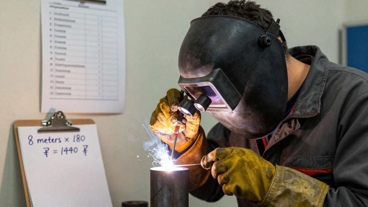 Сварщик осматривает качественный шов лупой, на стене видна смета с расчетом по погонным метрам.