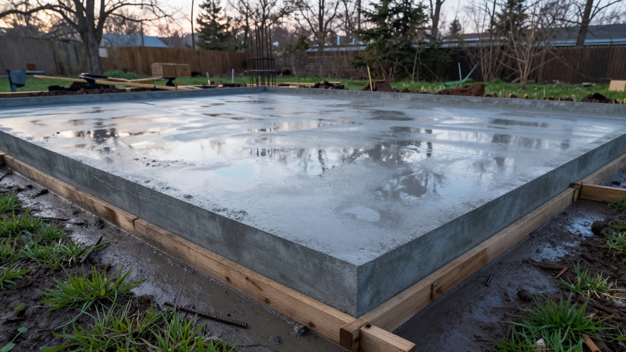 Свежий залитый бетонный фундамент жилого дома весной