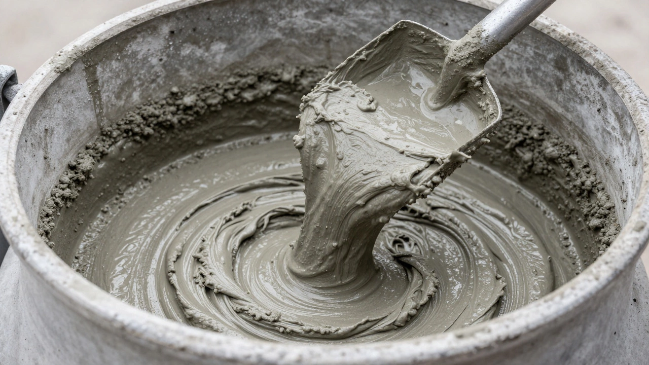 Густая бетонная смесь М300 в бетономешалке, напоминающая по консистенции сметану