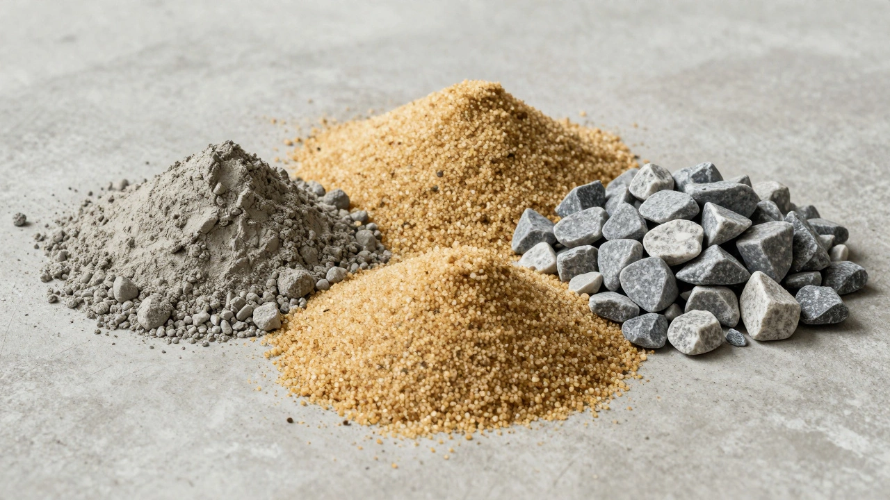 Компоненты бетона: цемент, песок и щебень в пропорции