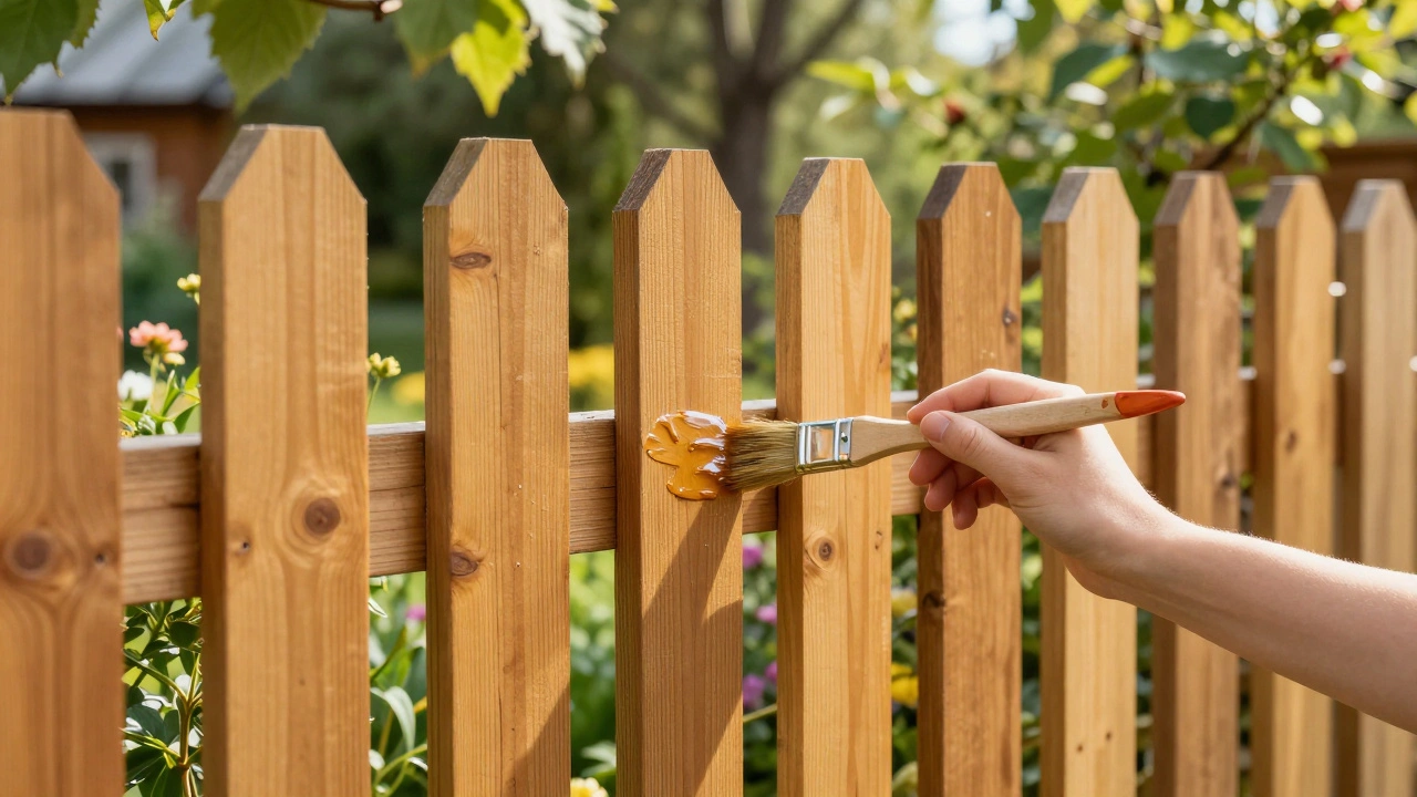Покраска уютного деревянного забора в цветущем загородном саду