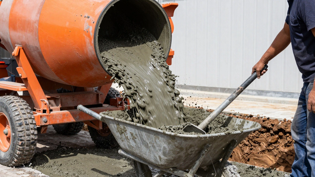 Процесс замешивания бетона в бетономешалке и укладка в опалубку