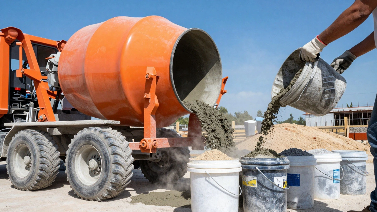 Процесс замешивания бетона в бетономешалке с использованием мерных ведер