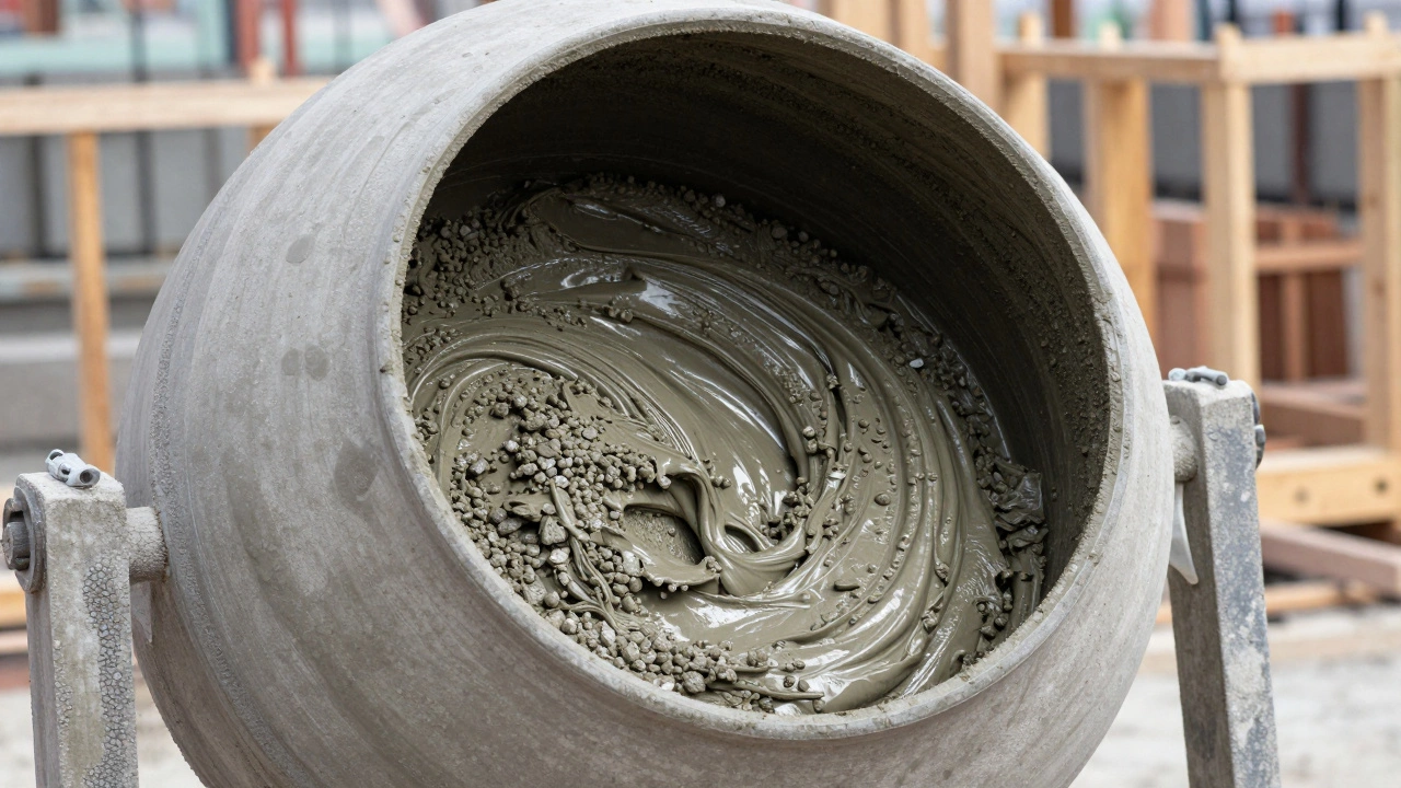 Процесс замешивания бетона в бетономешалке