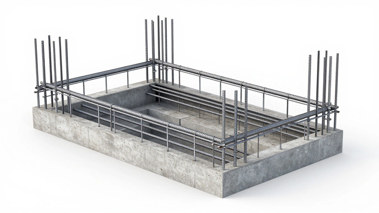 Схема армирования ленточного фундамента с продольными стержнями и хомутами