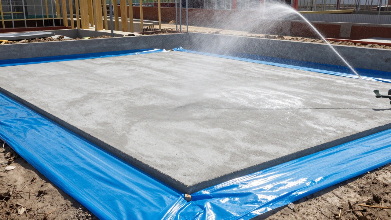 Залитый бетонный фундамент под пленкой, который поливают водой для прочности