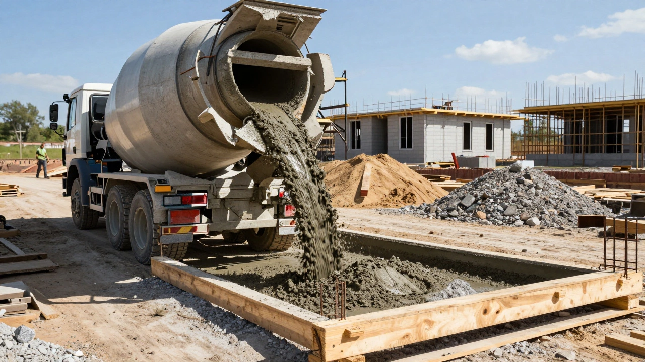 Заливка бетона в ленточный фундамент с помощью миксера