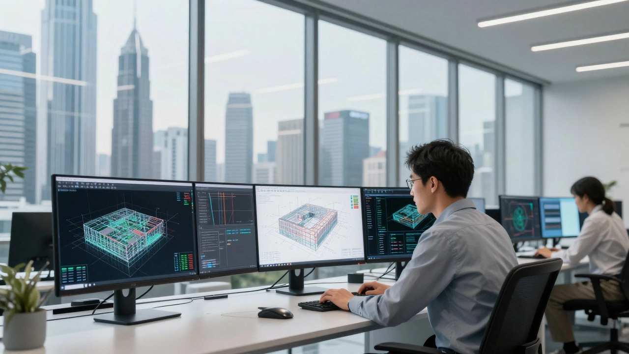Инженер работает над 3D-моделью здания в современном офисе