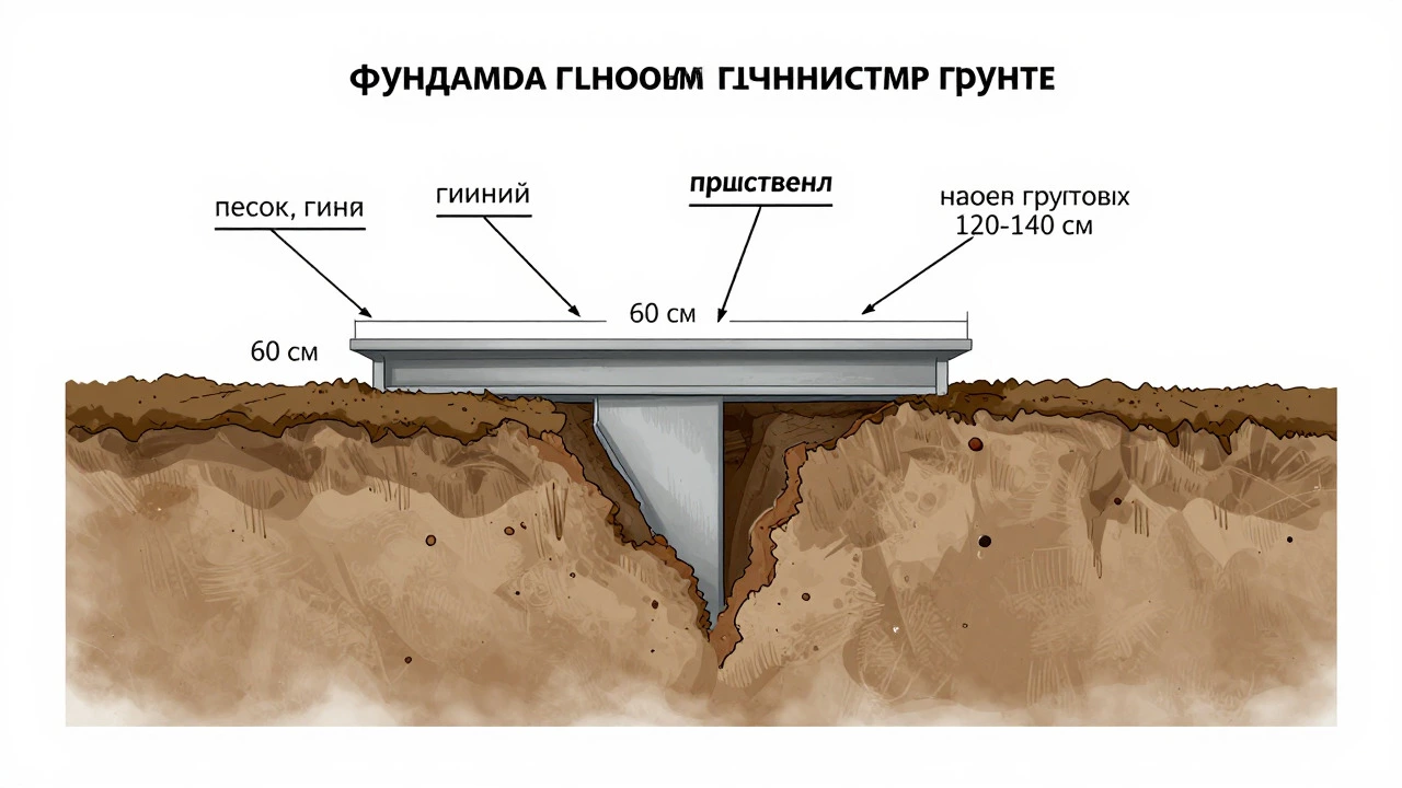 Техническая схема ленточного фундамента в пучинистом грунте с указанием глубины заложения и высоты цоколя